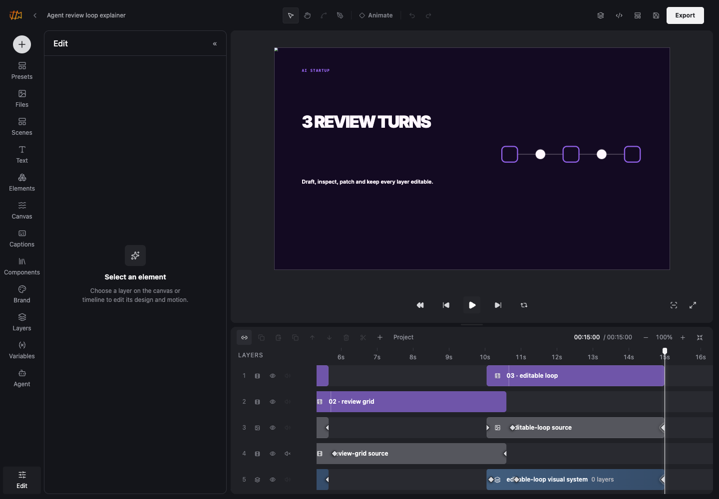 Video Studio showing the clean docs project, synchronized canvas and layered motion timeline