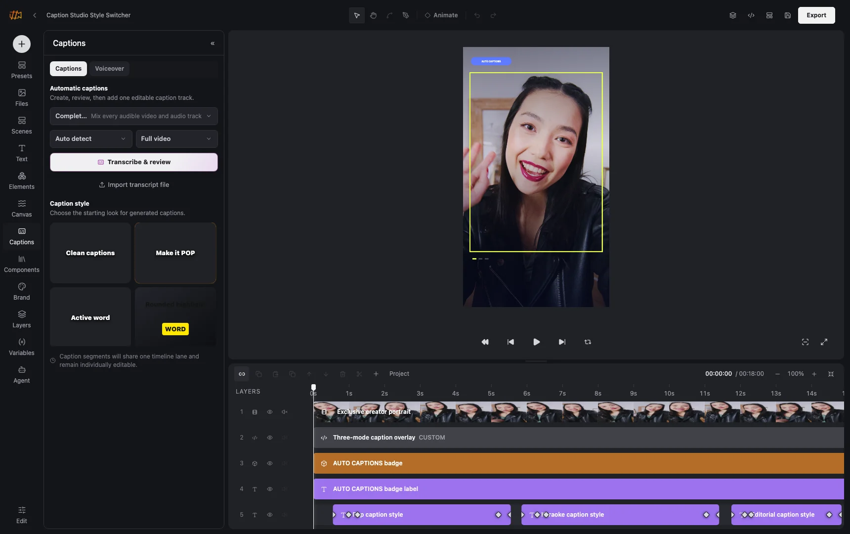 Real JsonCut Studio showing automatic caption controls, a vertical video preview and editable caption segments on the timeline
