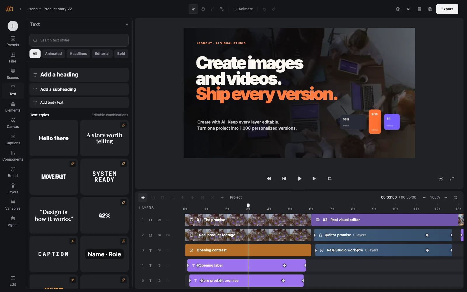 JsonCut video studio with a real project open