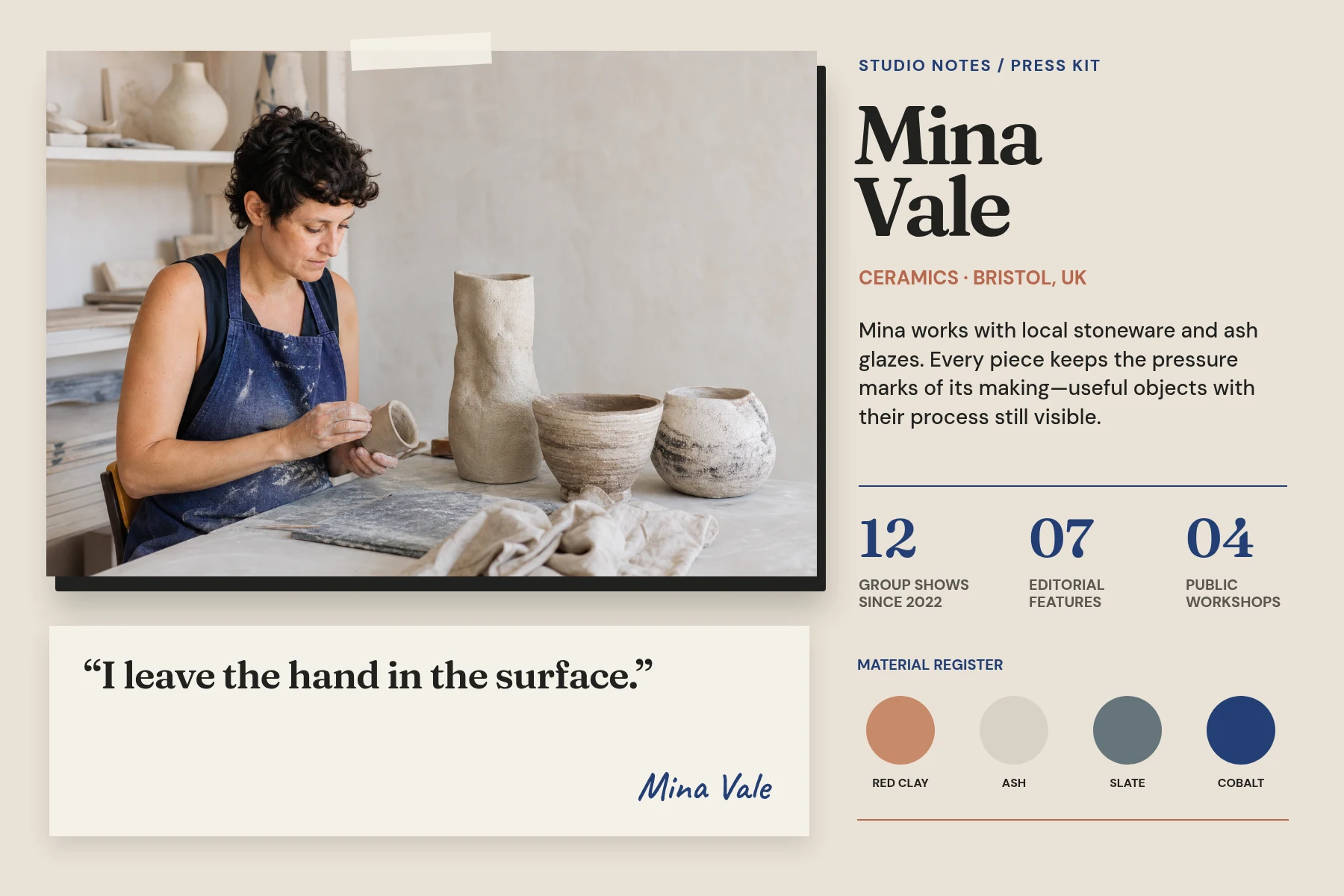 Mina Vale ceramics media kit visual preview